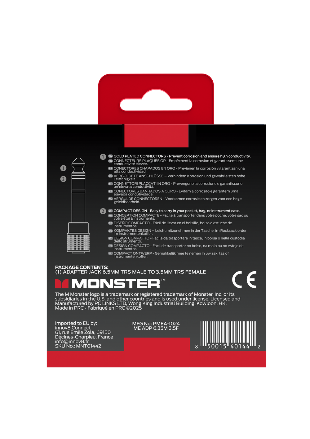 MONSTER ESSENTIALS ADAPTATEUR JACK 3,5MM FEMELLE VERS 6,5MM MALE